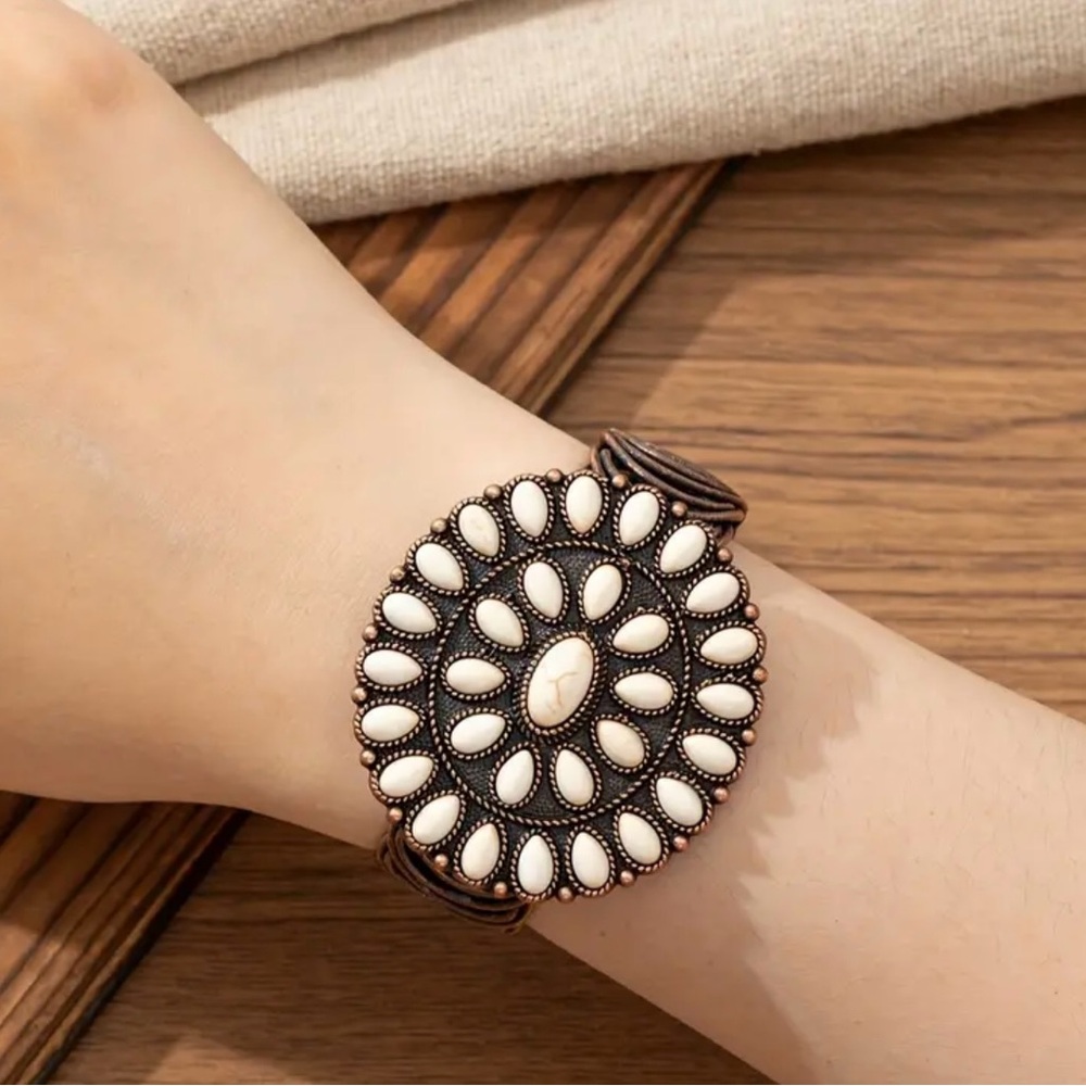 Brass Turquoise Concho Bracelet Stretchable - Picture 2 of 5